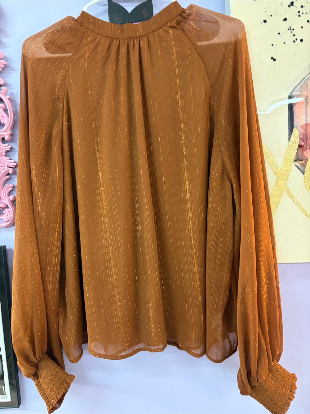 Flying Tomato Rust Metallic-Striped Long Sleeve Blouse